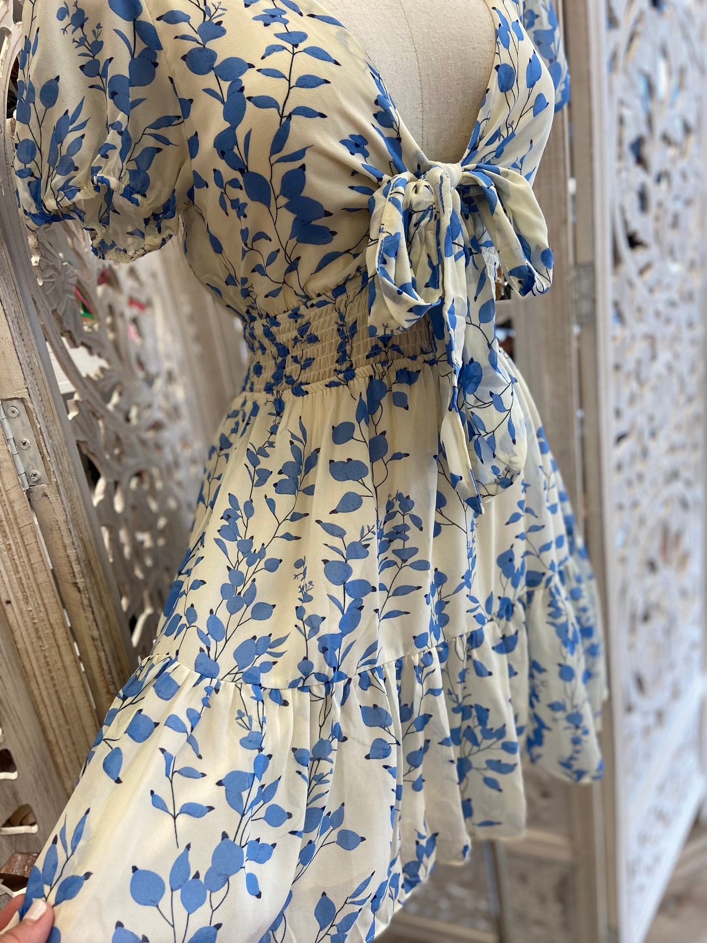 Tie Front Blue Petal Print Dress