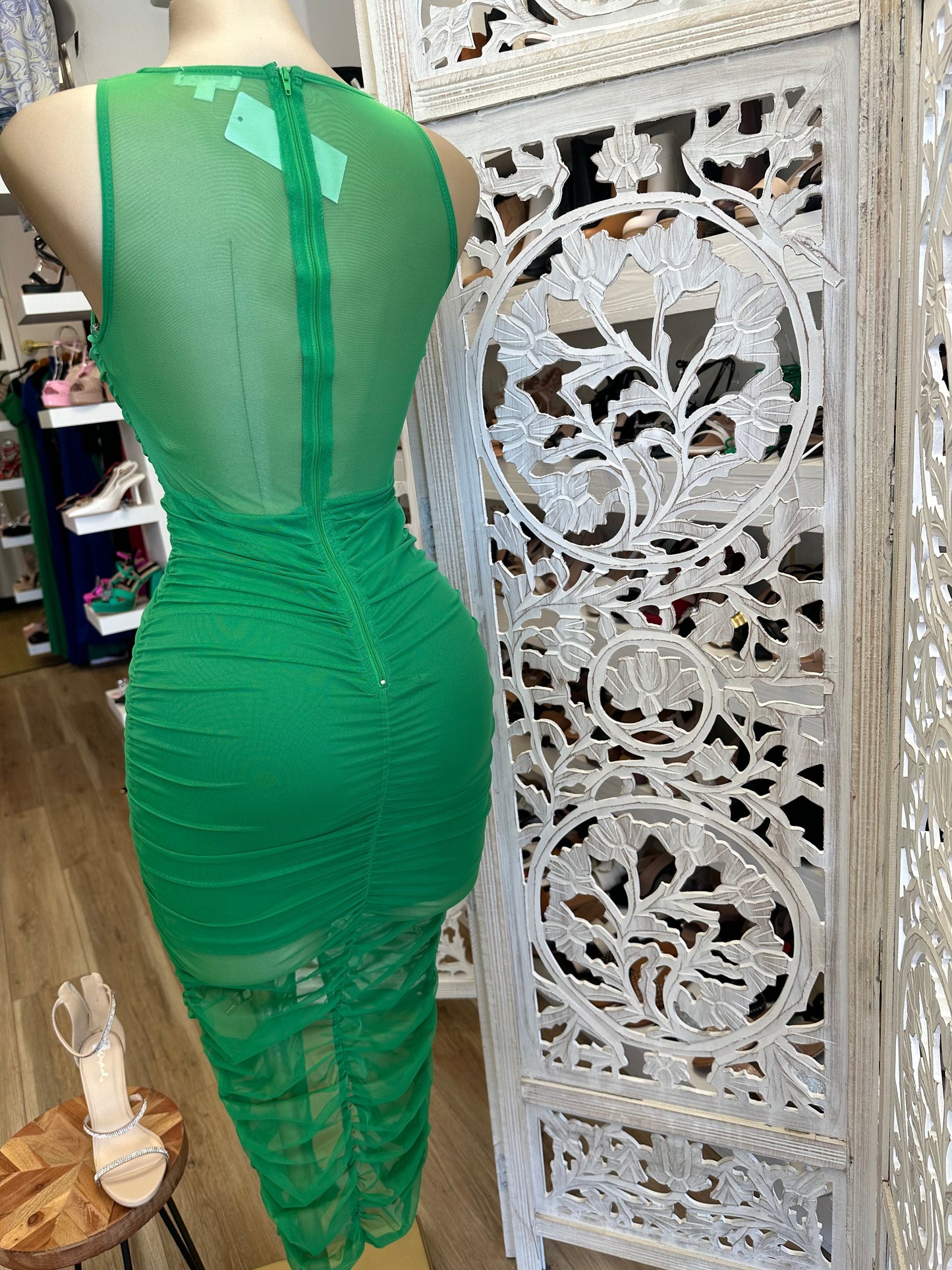 Green Ruched Mesh Dress