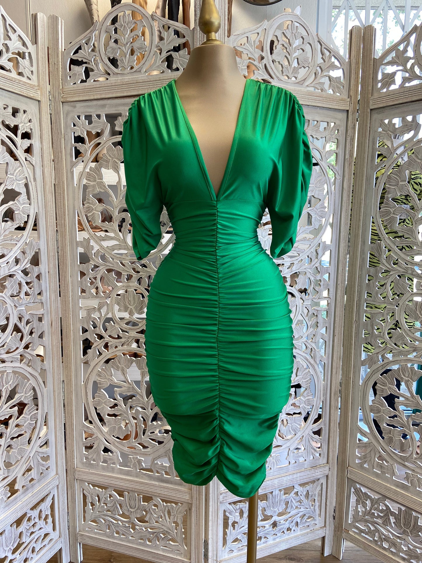 Green Ruched V neck Dress