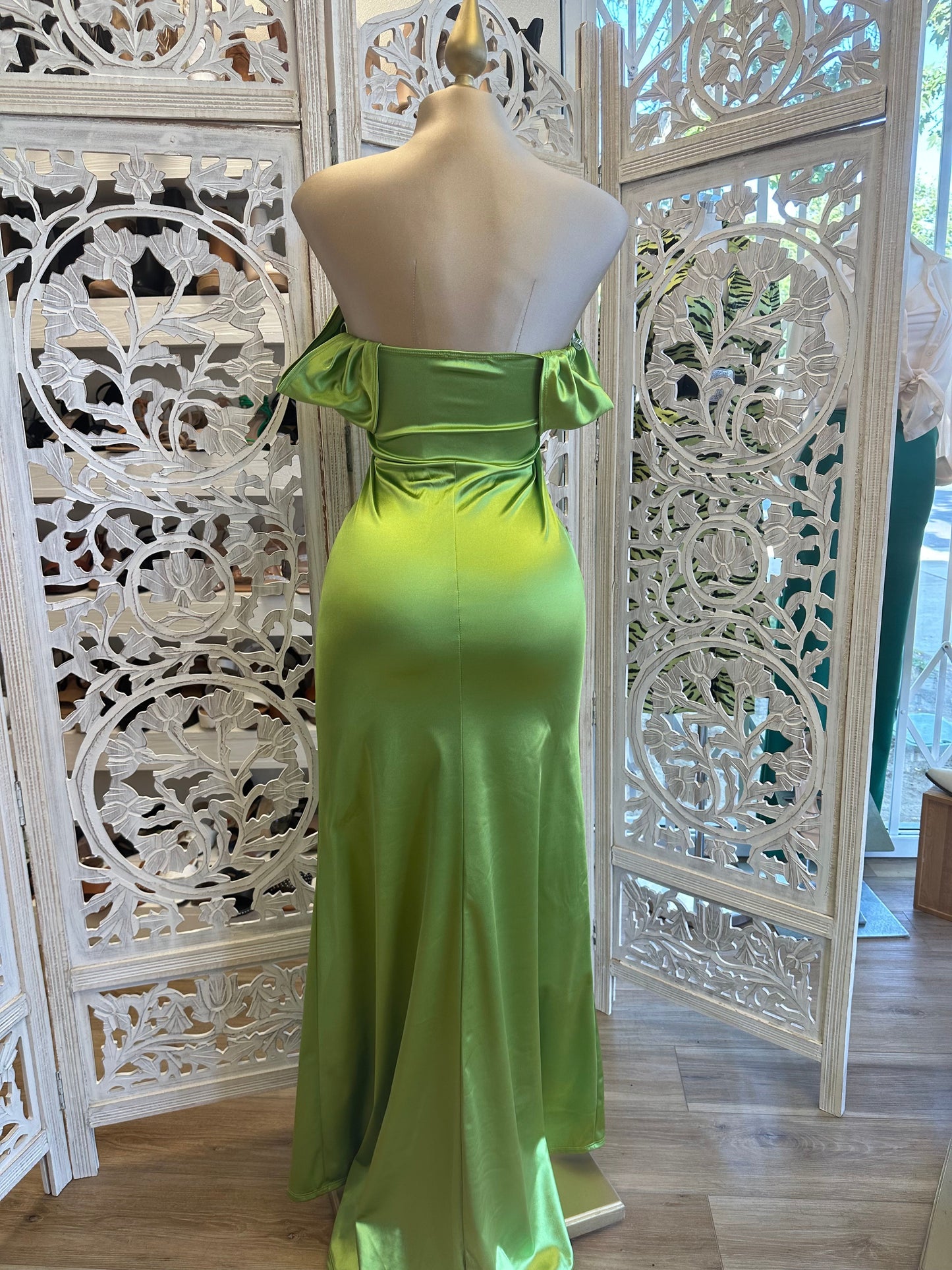 Green Off Shoulder Satin Ruched Dress