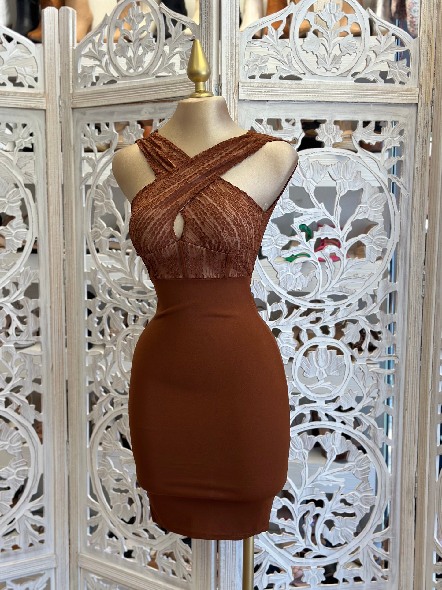 Cognac Crossed Mini Dress