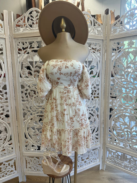 Brown Flowers Off Shoulder Dress