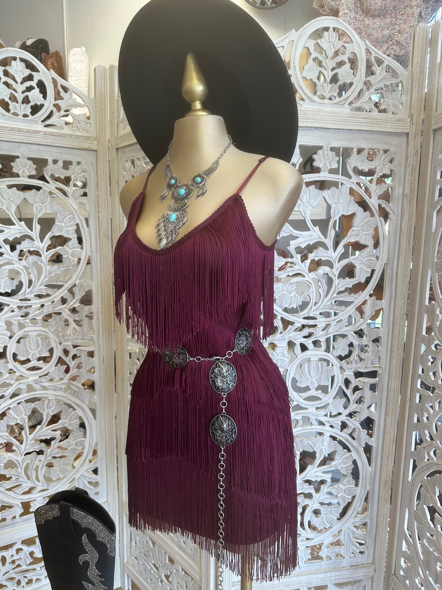 Burgundy Strappy Fringe Dress