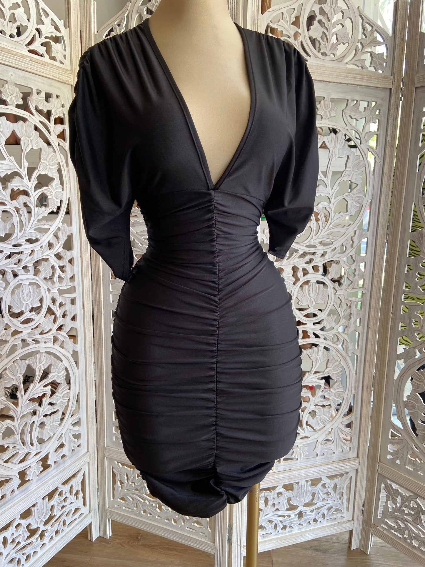 Black Ruched V neck Dress