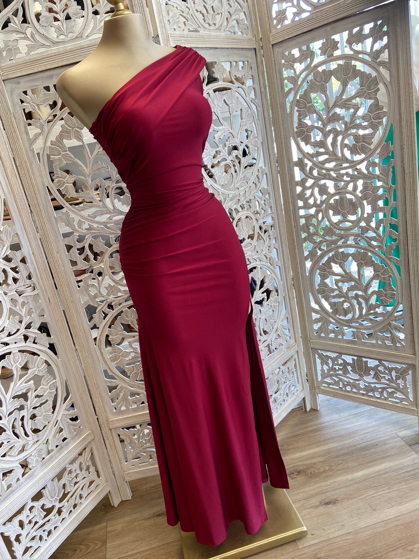 Wine One Sleeve Formal Dress