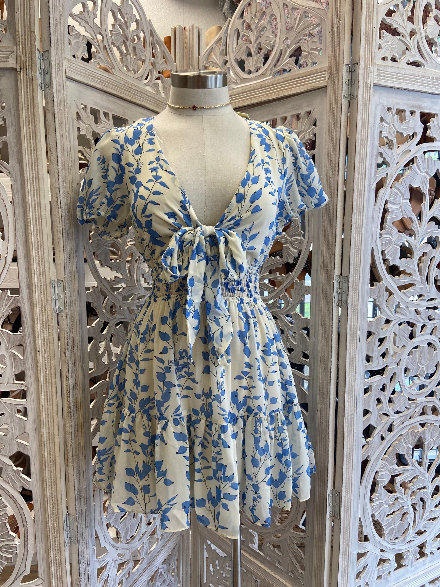 Tie Front Blue Petal Print Dress