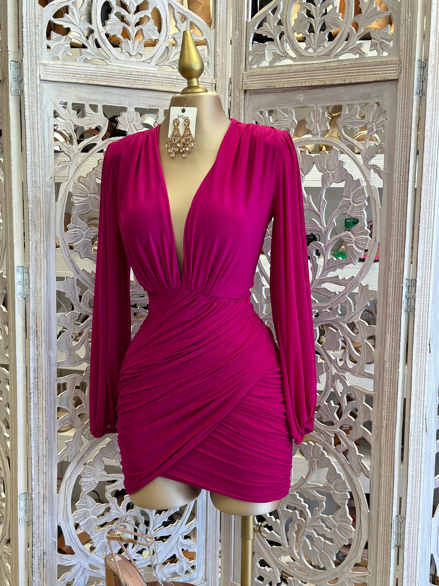 Raspberry Draped V Mini Dress