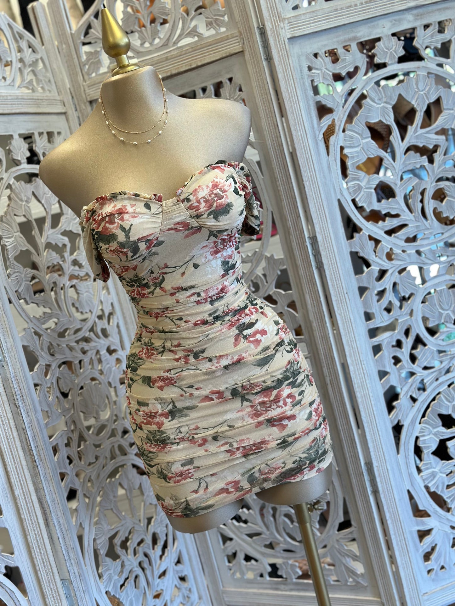 Beige Floral Mini Dress