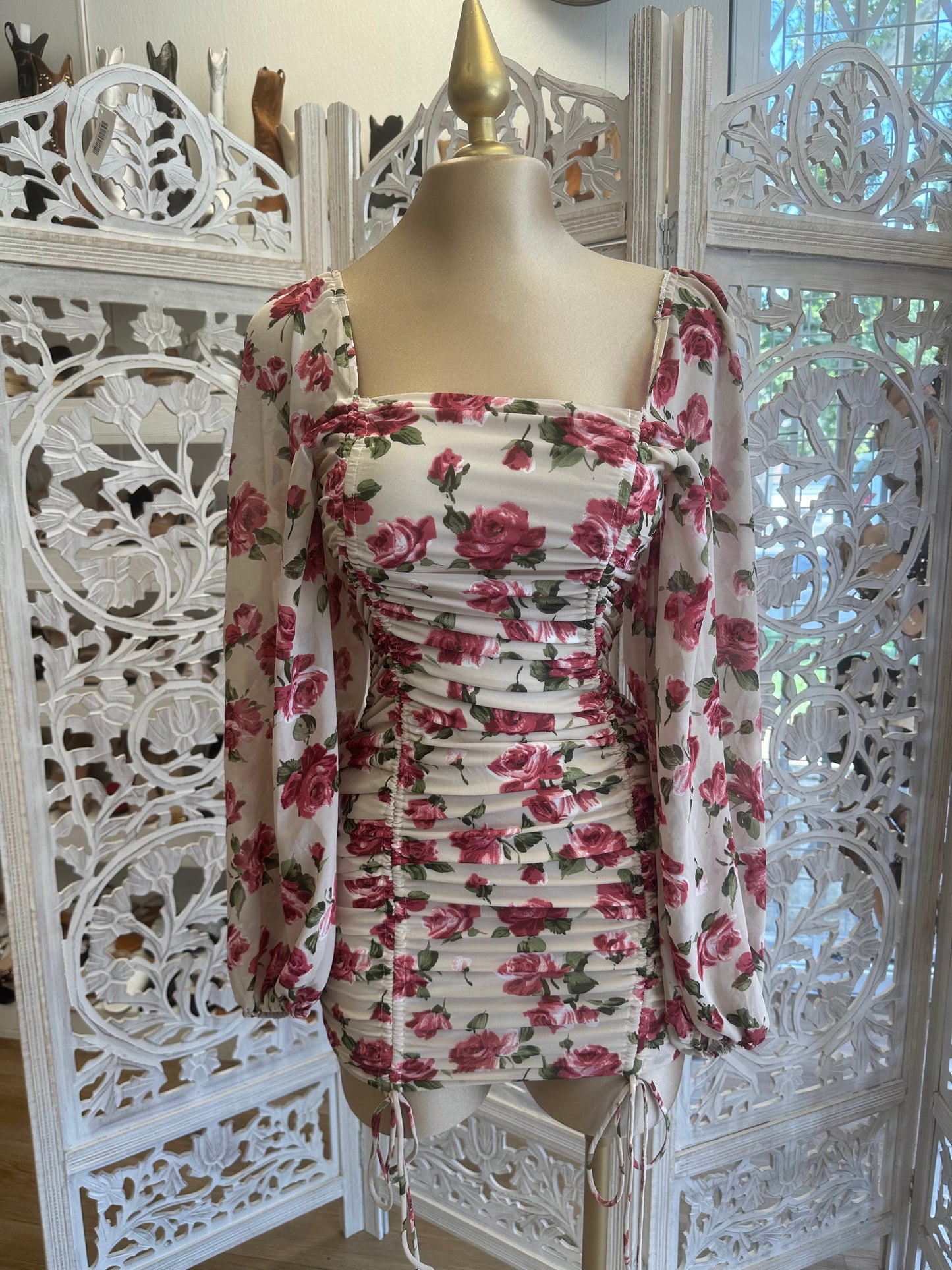 Beige Smocked Tie up Floral Dress