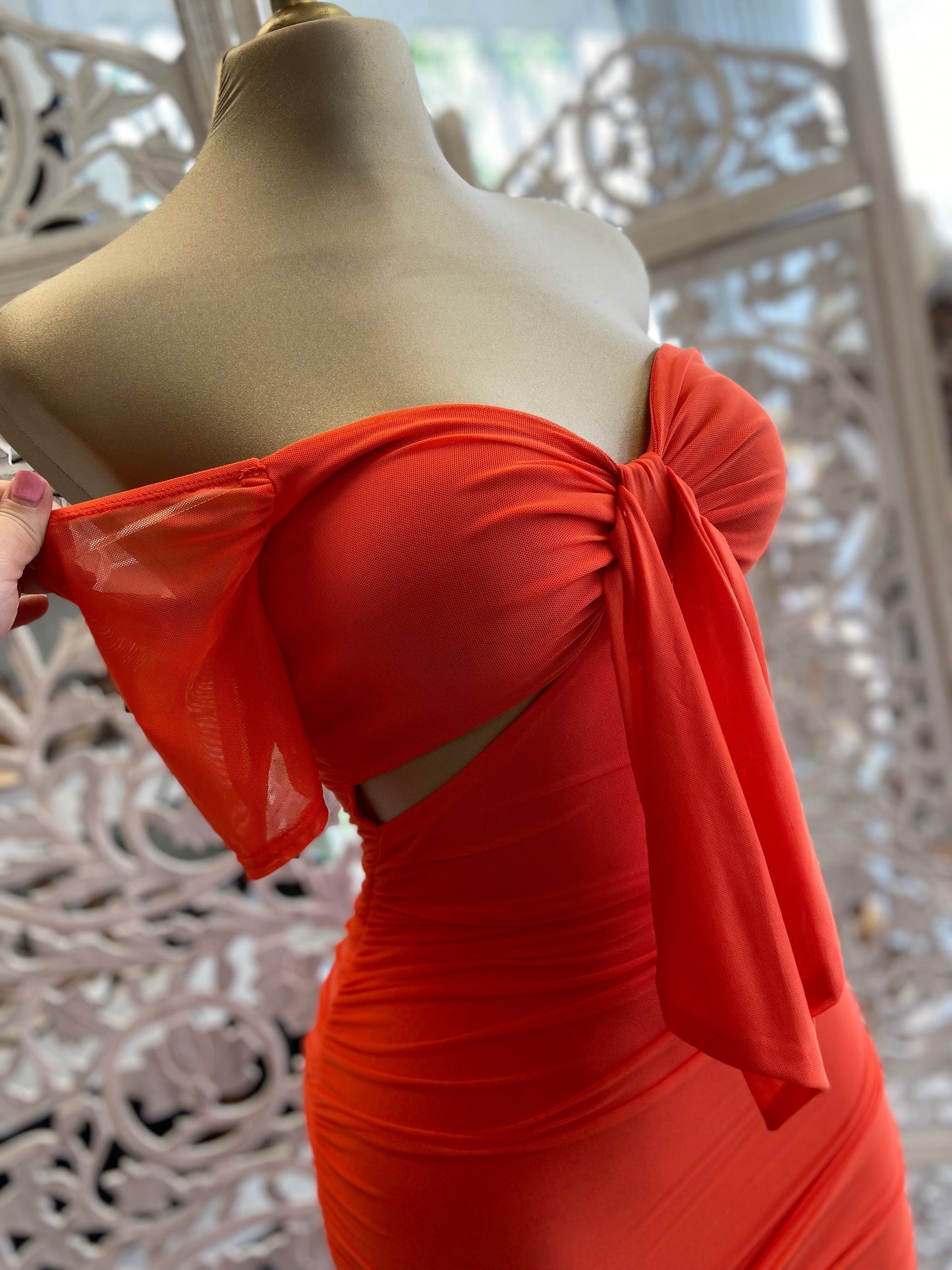 Burnt Orange Tie Front Cutout Dress- Stretchy