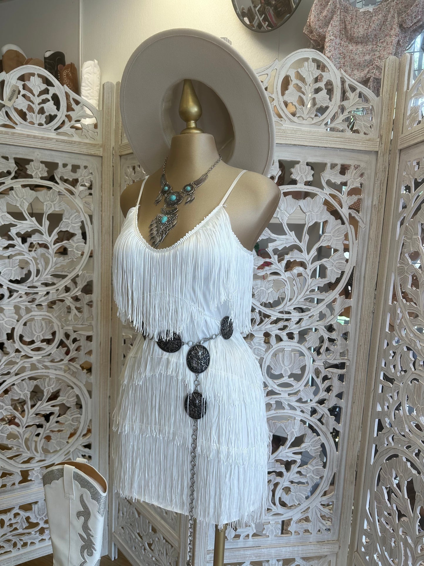 White Strappy Fringe Dress