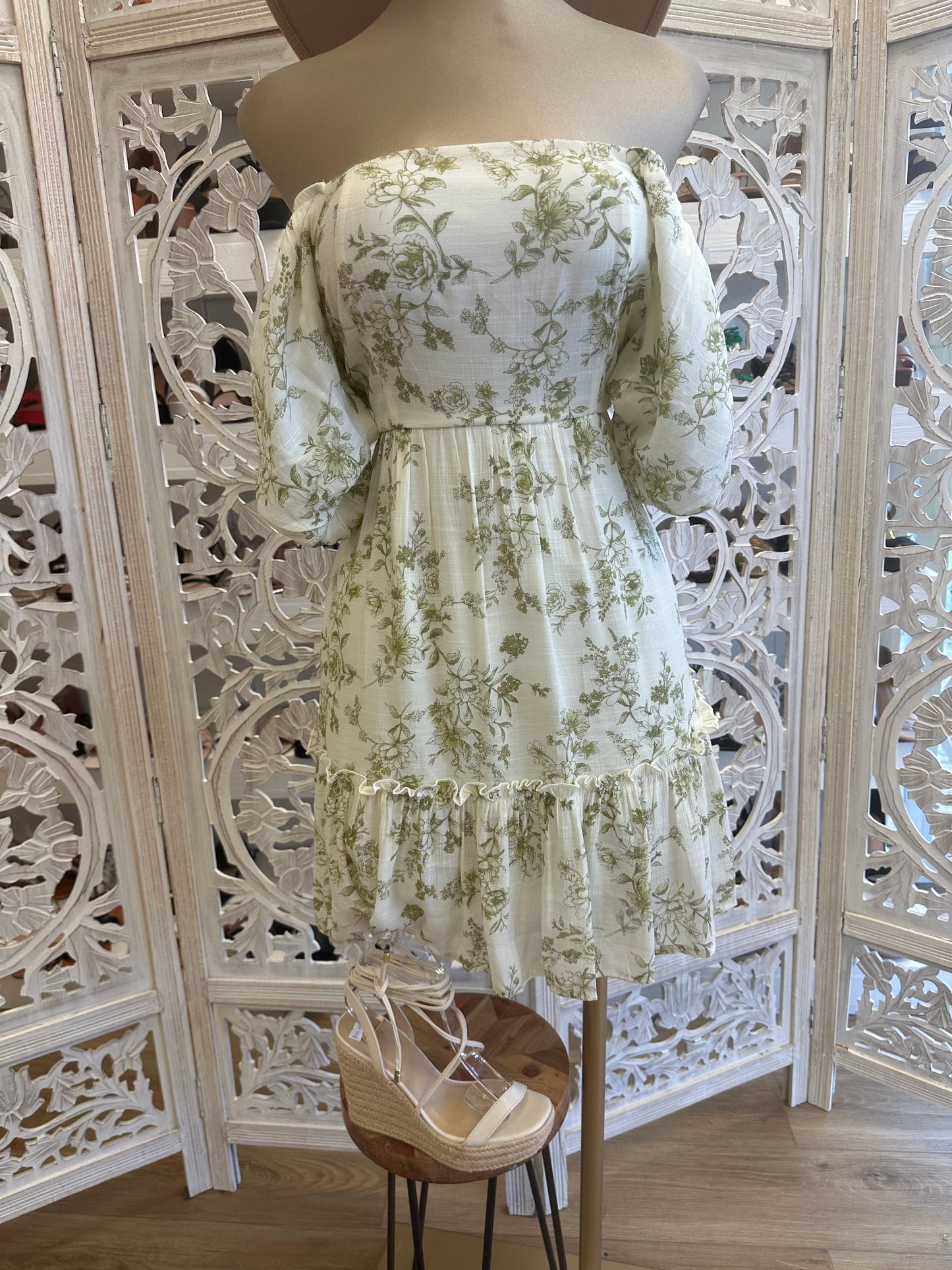 Olive Flowers Off Shoulder Dress