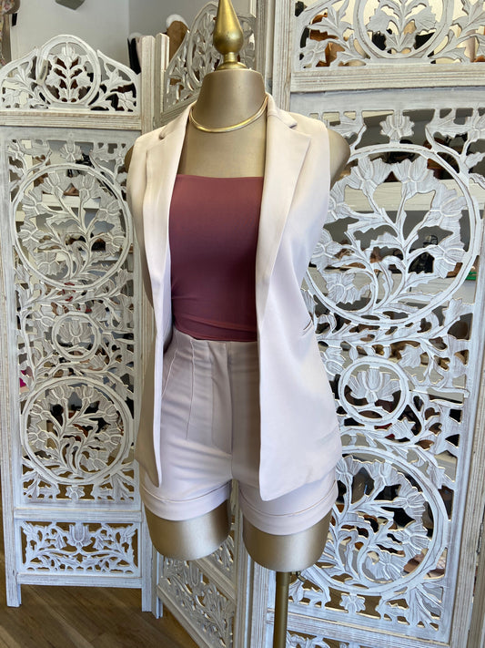 Beige Vest Blazer Short Set