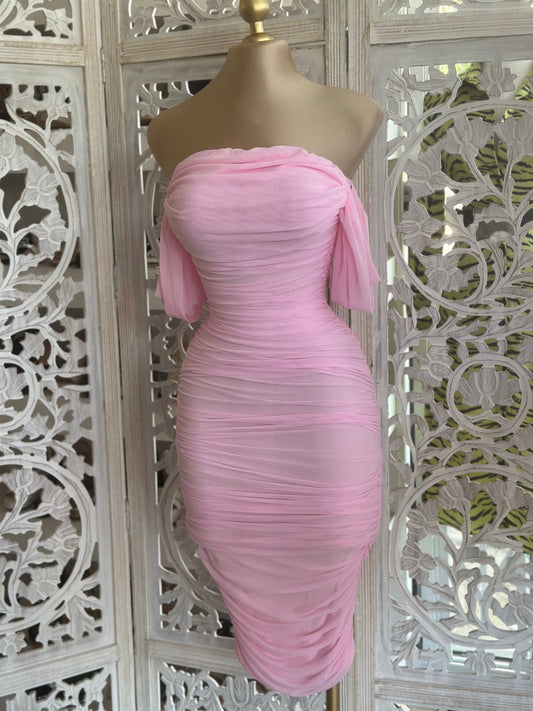 Pink Midi Ruched Dress- Stretchy