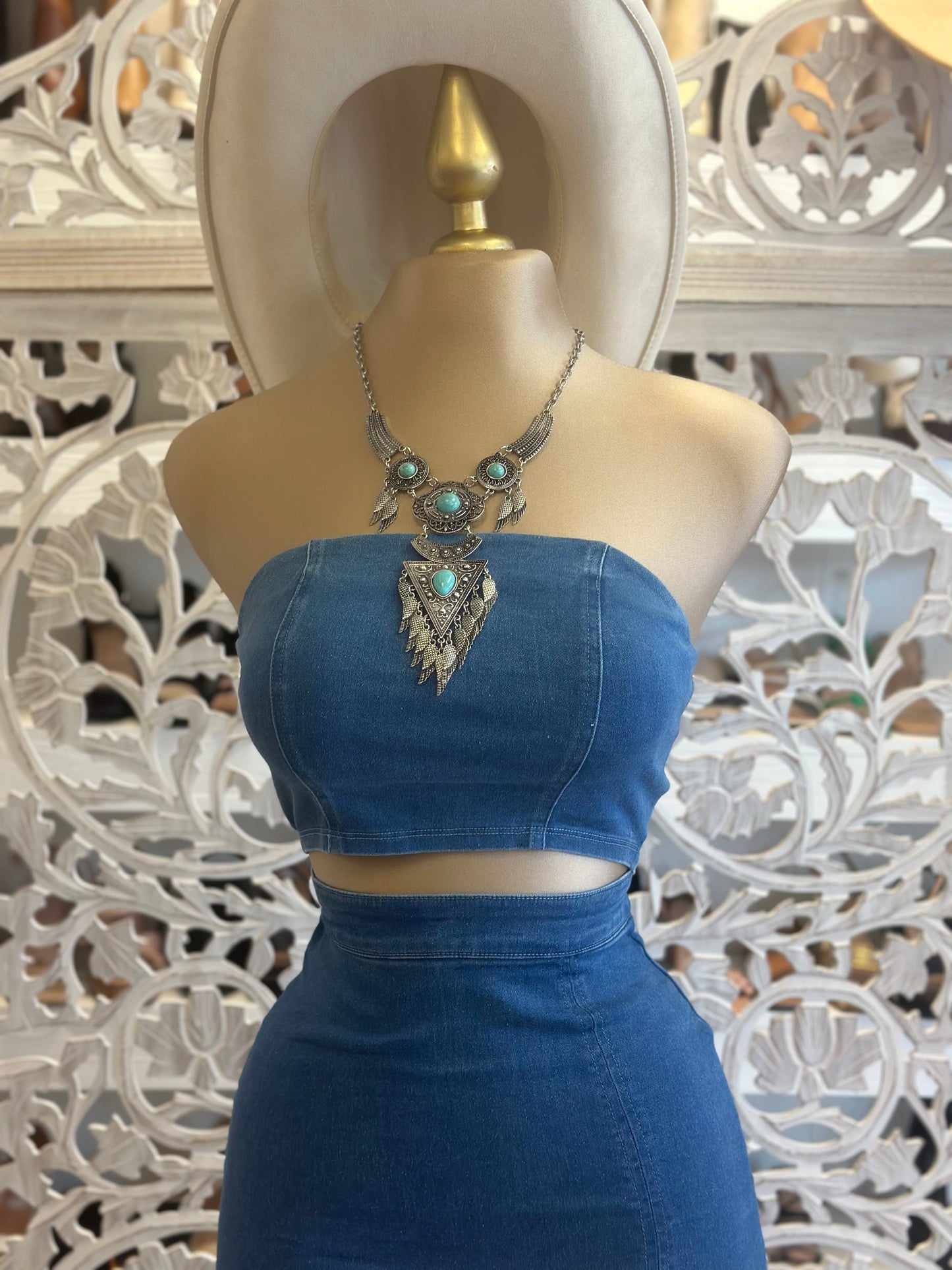 Denim Strapless Top and Skirt Set