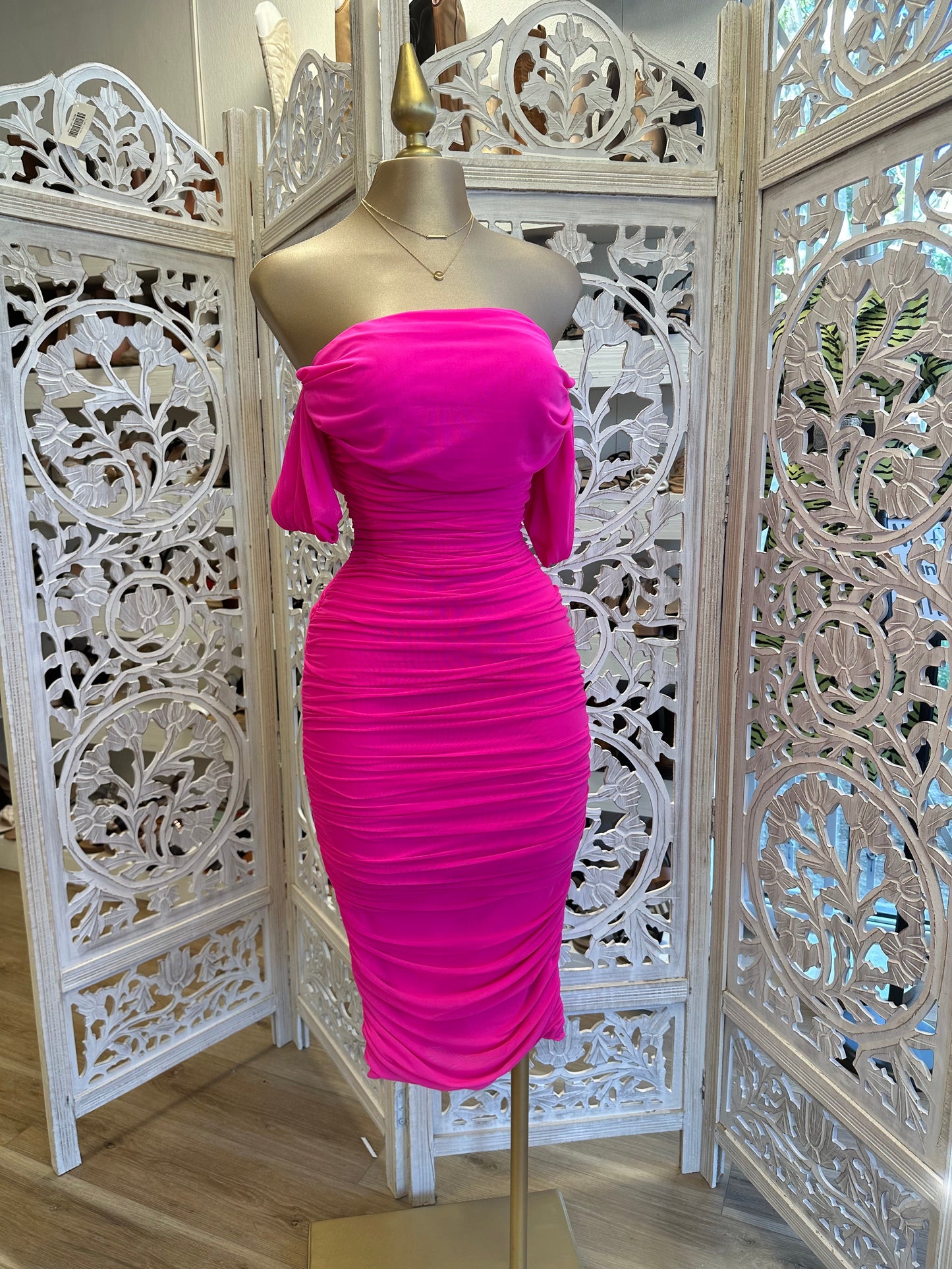 Ruched Pink Midi Dress