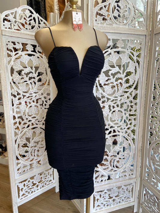 Black V Ruched Bodycon Dress