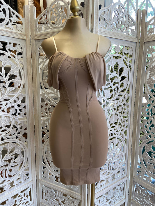 Nude Lined Off Shoulder Dress