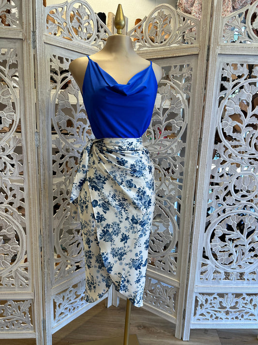 Blue Floral Draped Skirt