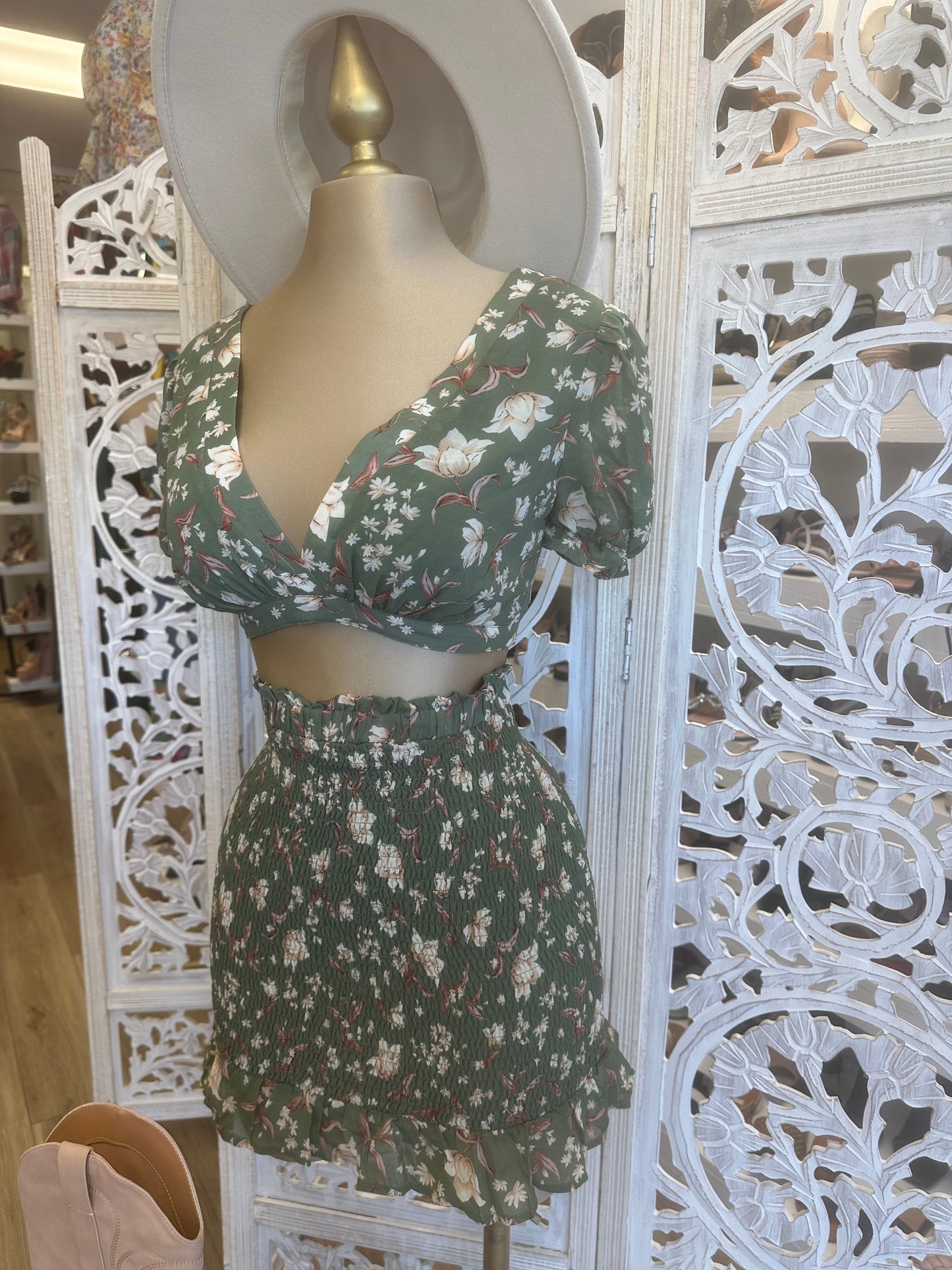 Olive Floral Tie Up Smocked Set