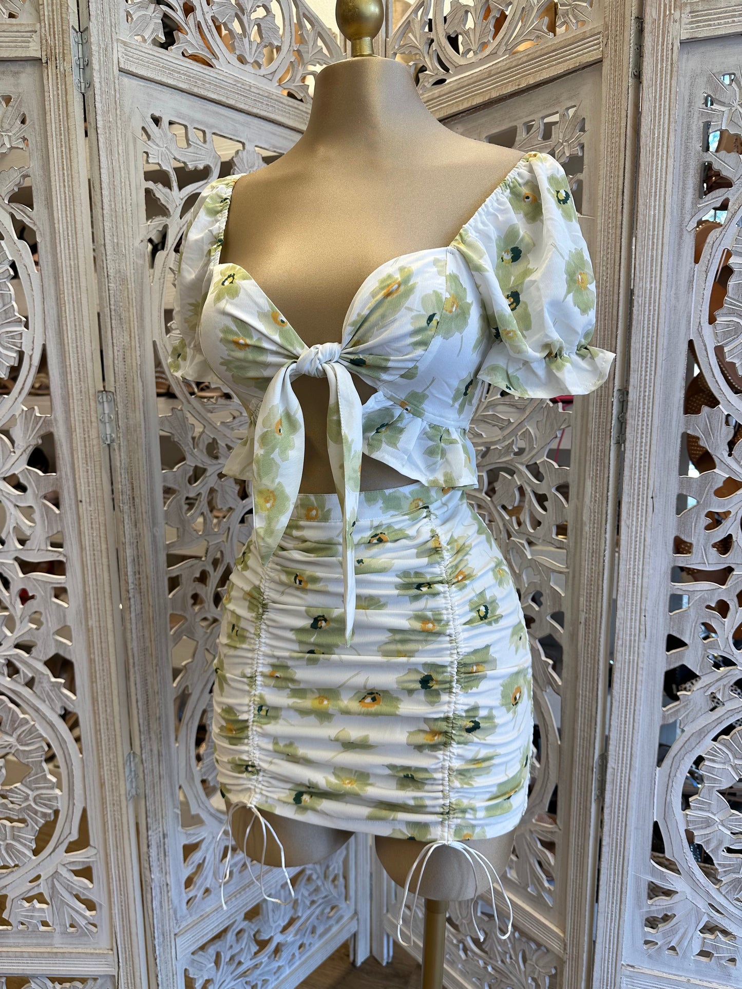 Green Floral Ruched Set