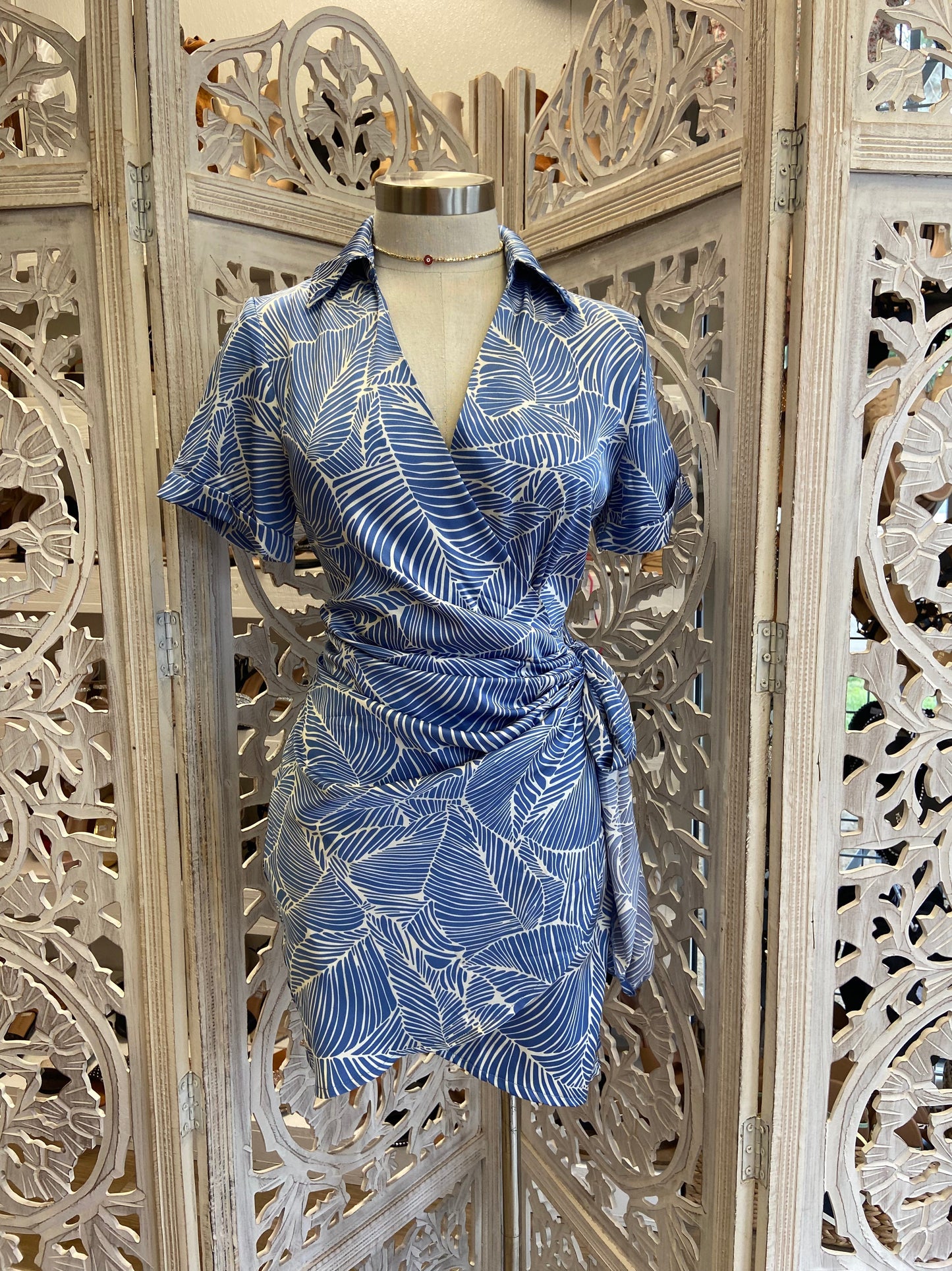 Blue Wrapped Collard Print Dress