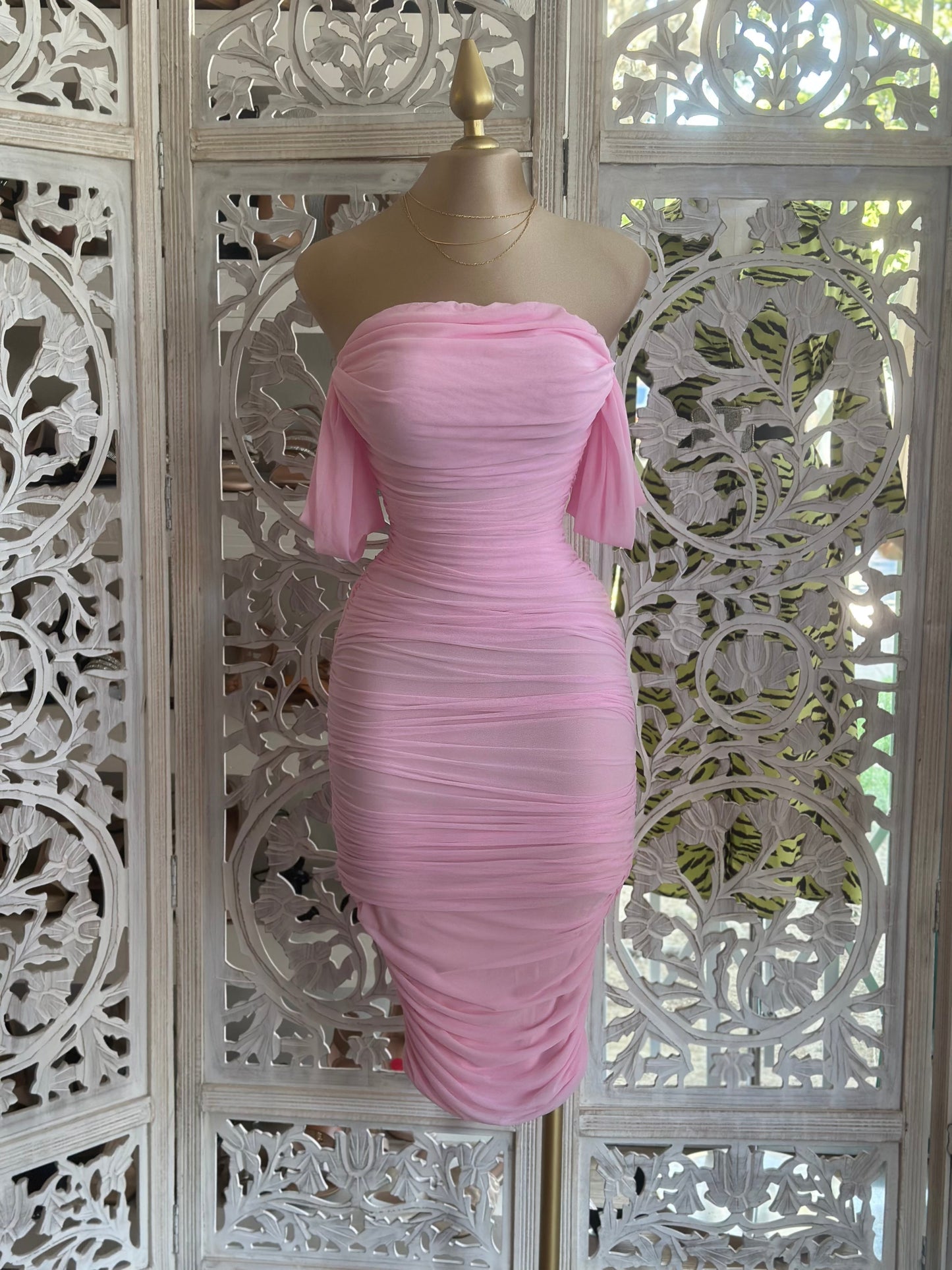 Pink Midi Ruched Dress- Stretchy