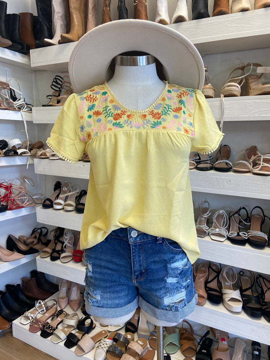 Yellow Embroidered Short Sleeve Top