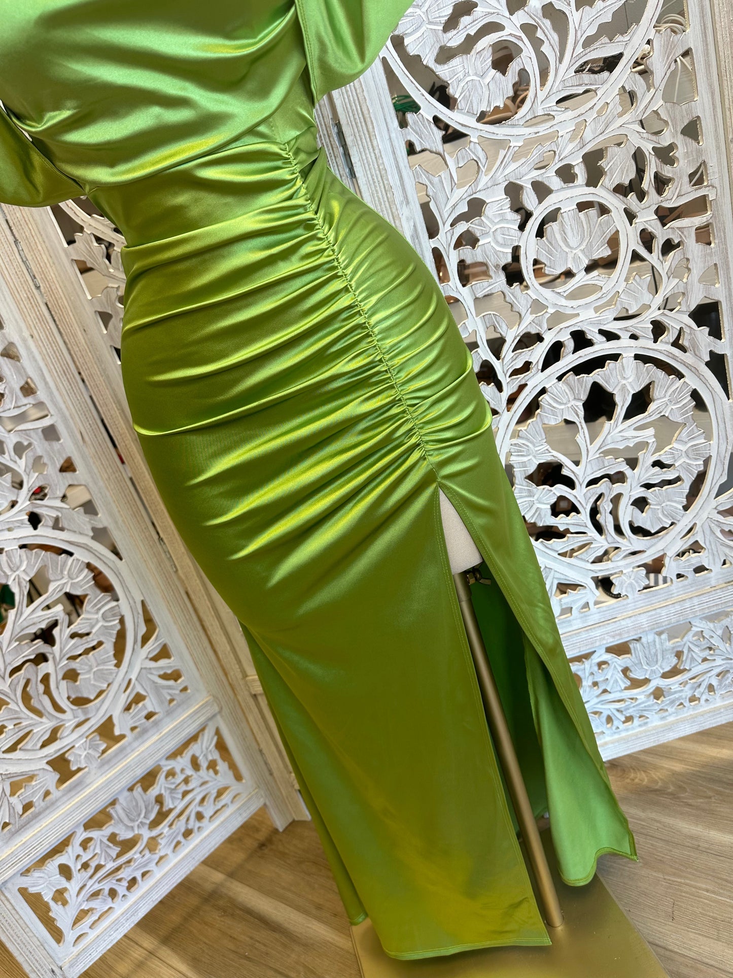 Green Off Shoulder Satin Ruched Dress