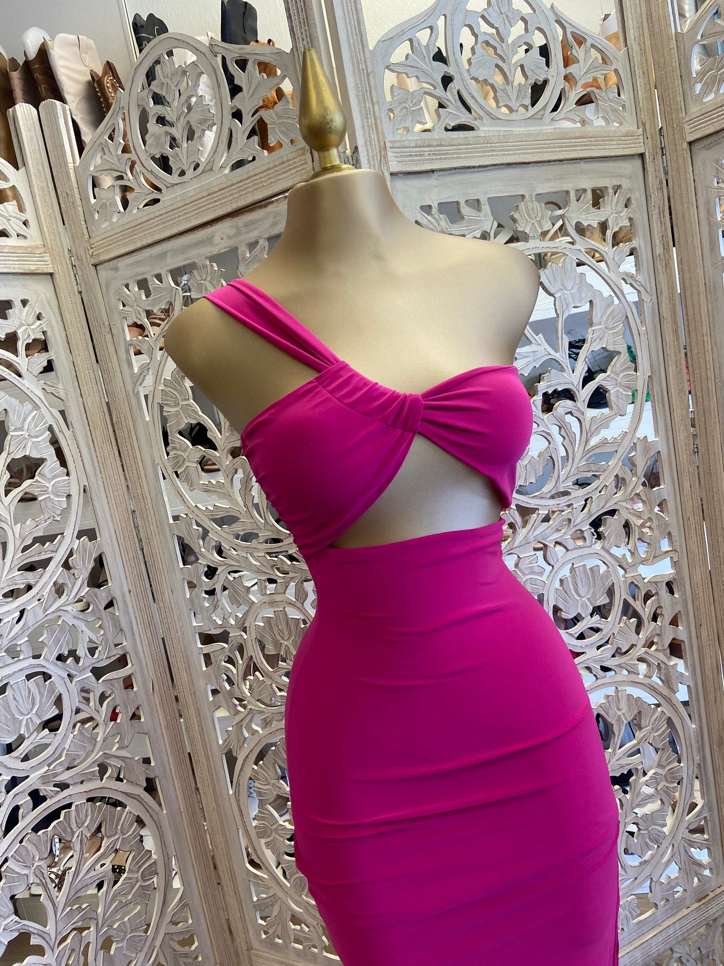 Hot Pink One Shoulder Knotted Dress