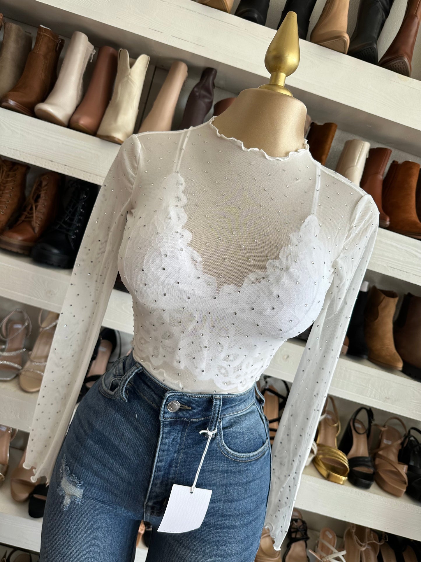 Rhinestone Mesh Mock Top