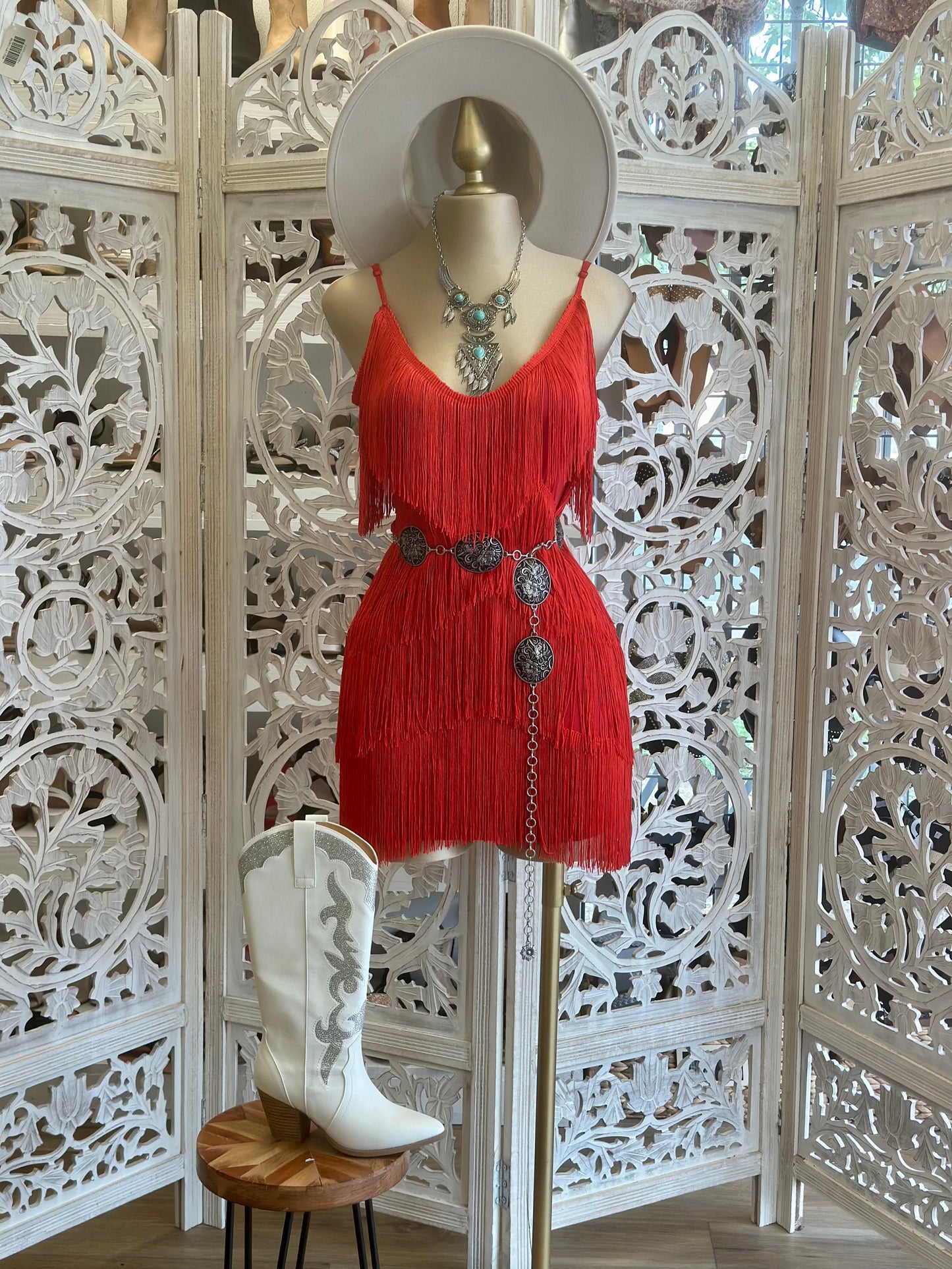 Red Strappy Fringe Dress