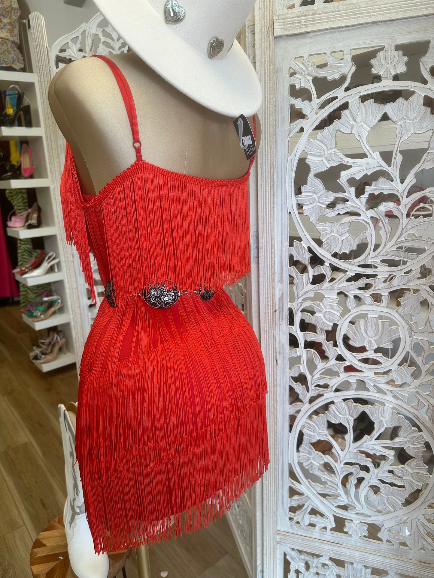 Red Strappy Fringe Dress