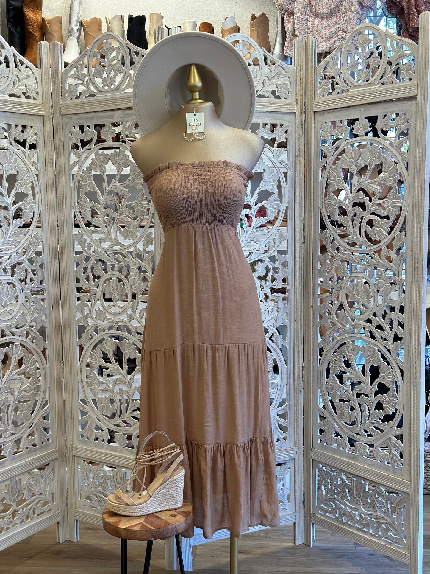 Brown Strapless Smocked Midi Dress