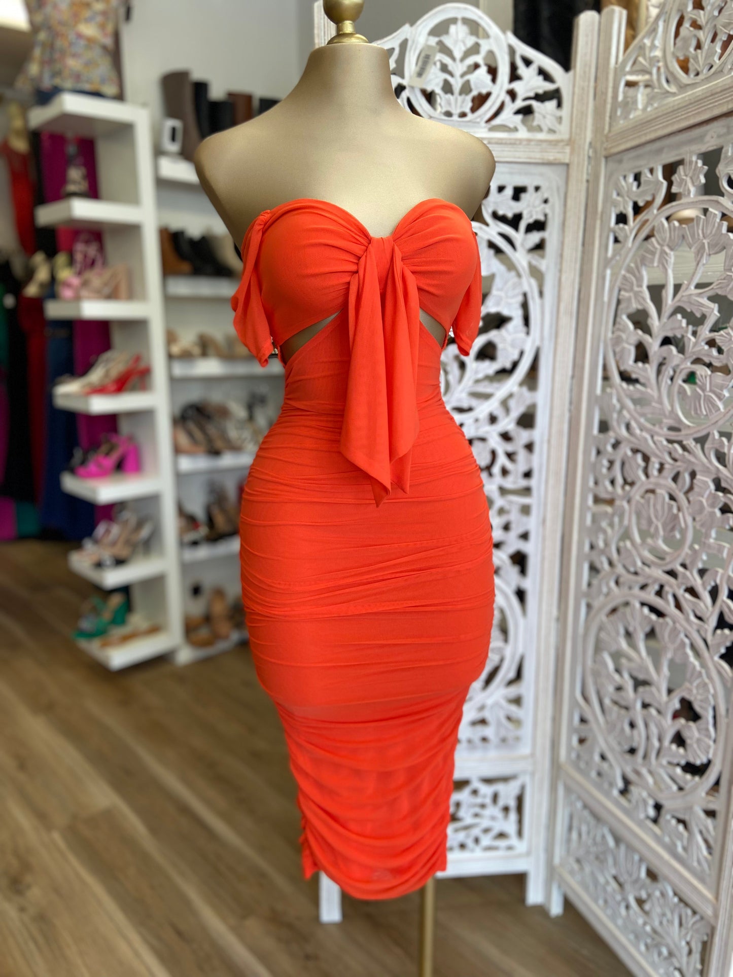 Burnt Orange Tie Front Cutout Dress- Stretchy