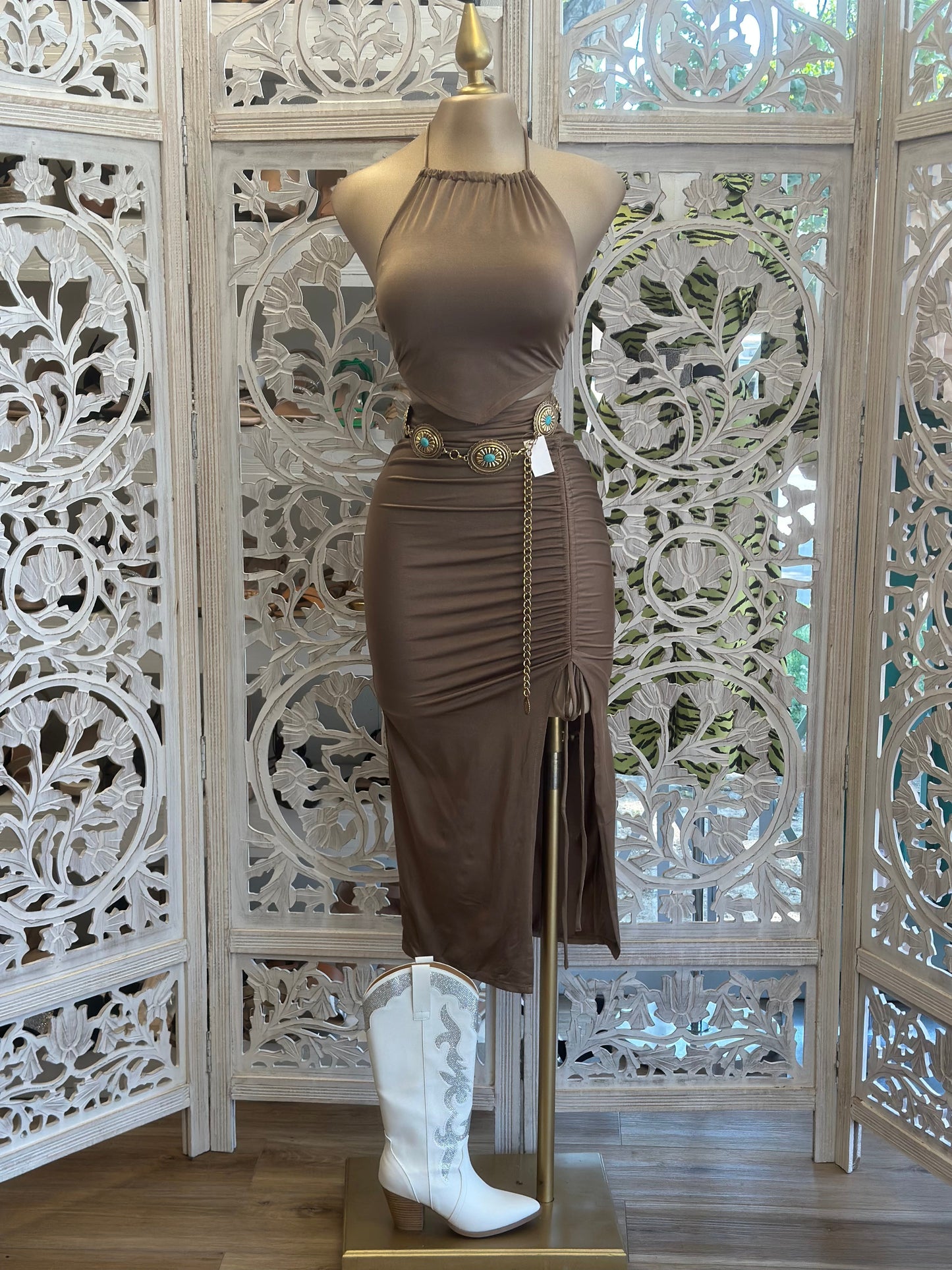 Taupe Halter Ruched Set