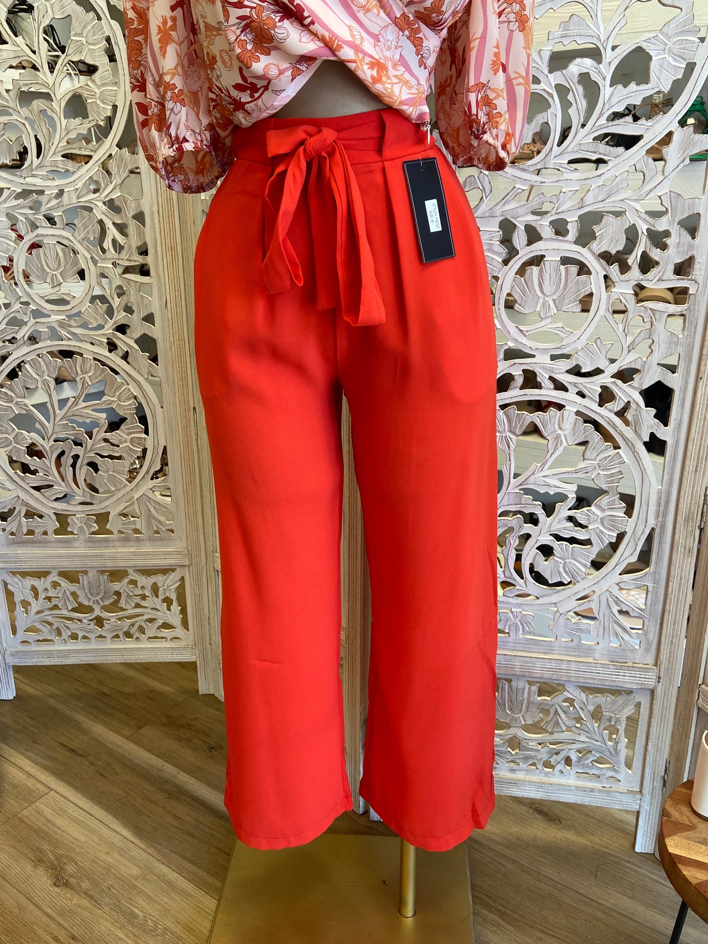 Red Orange Belted Straight Pants