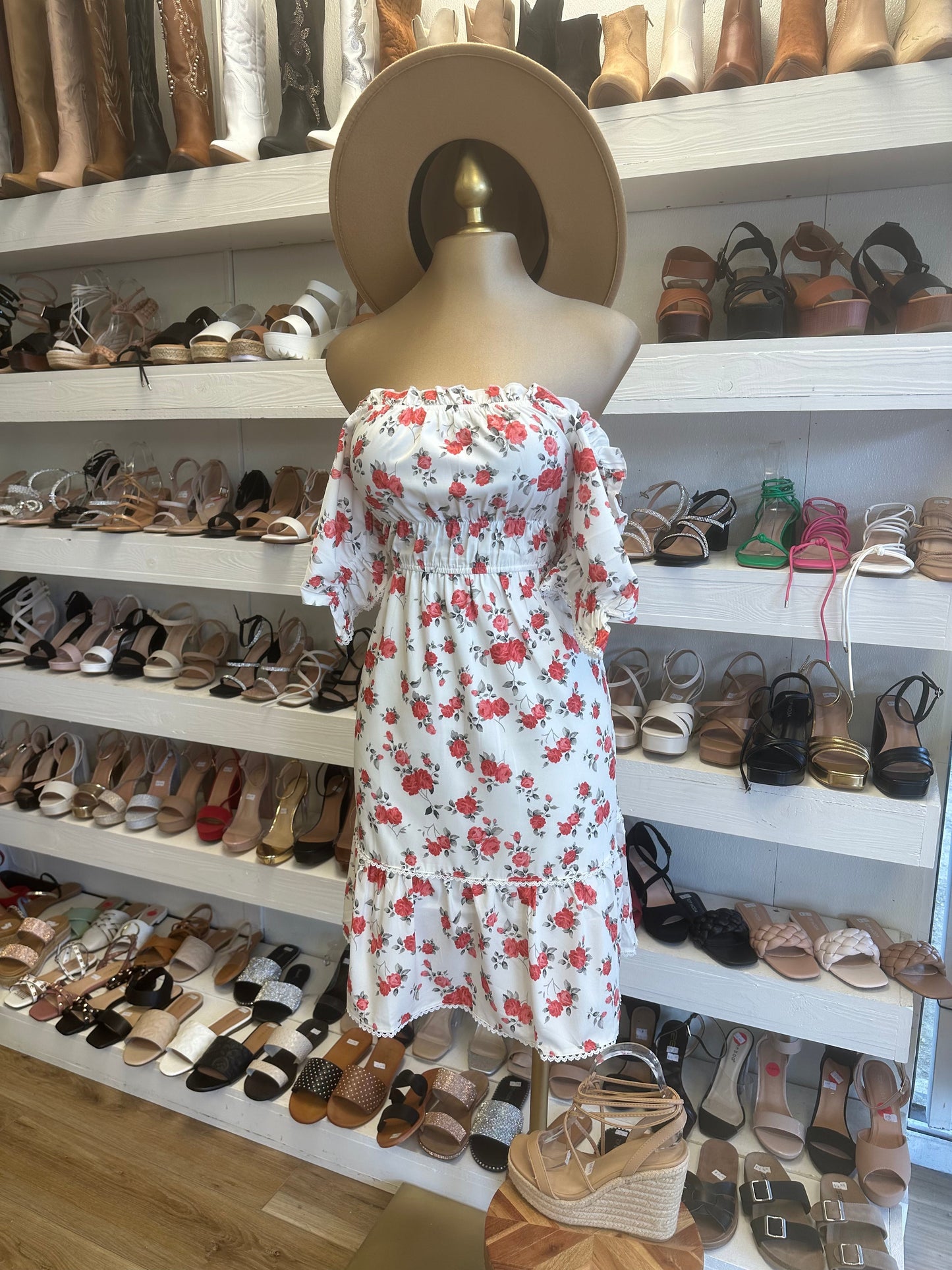 Off Shoulder White Floral Dress