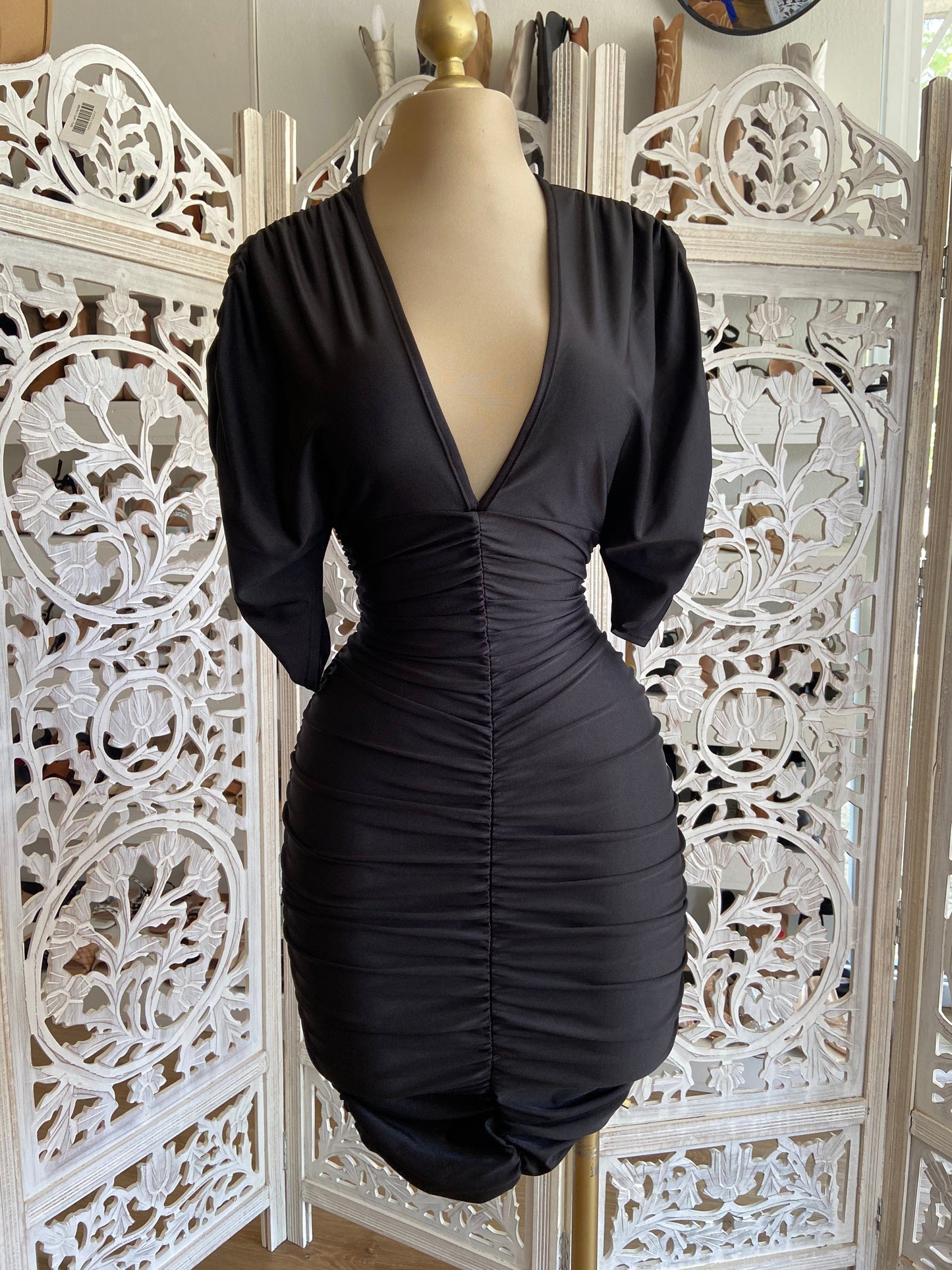 Black Ruched V neck Dress