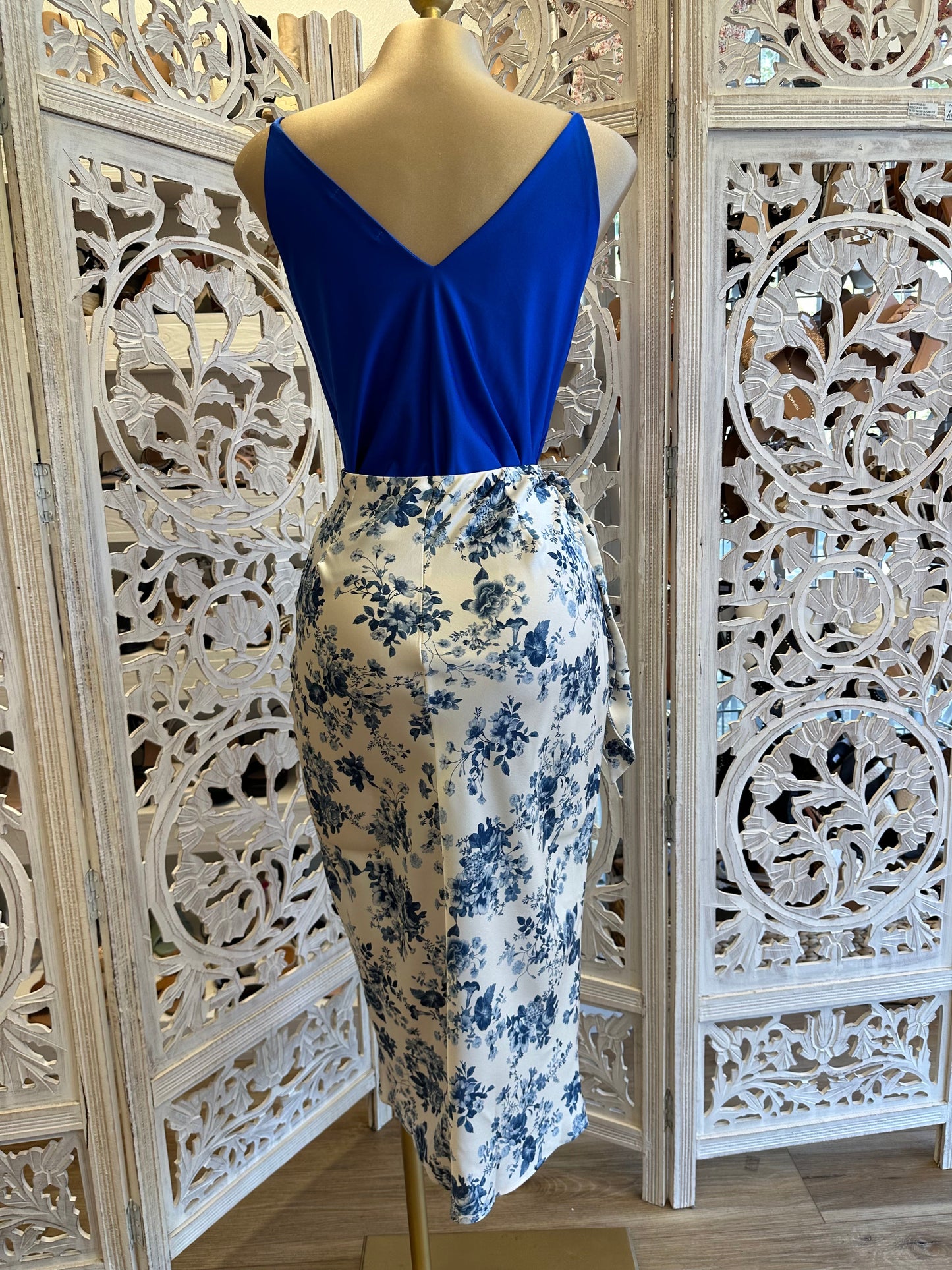 Blue Floral Draped Skirt