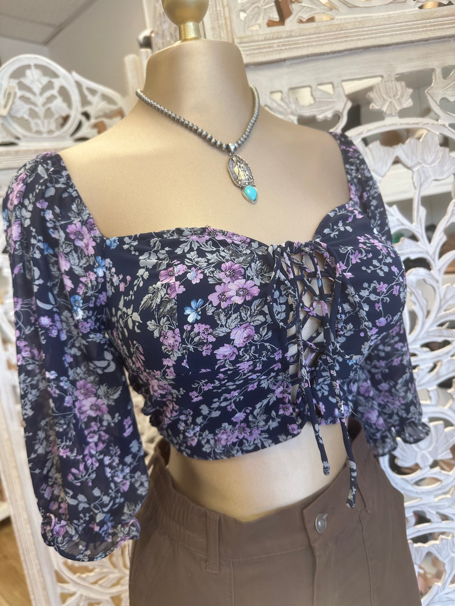 Purple Floral Tie Up Crop