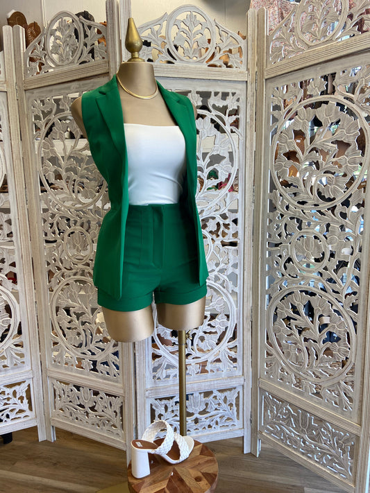 Green Vest Blazer Short Set