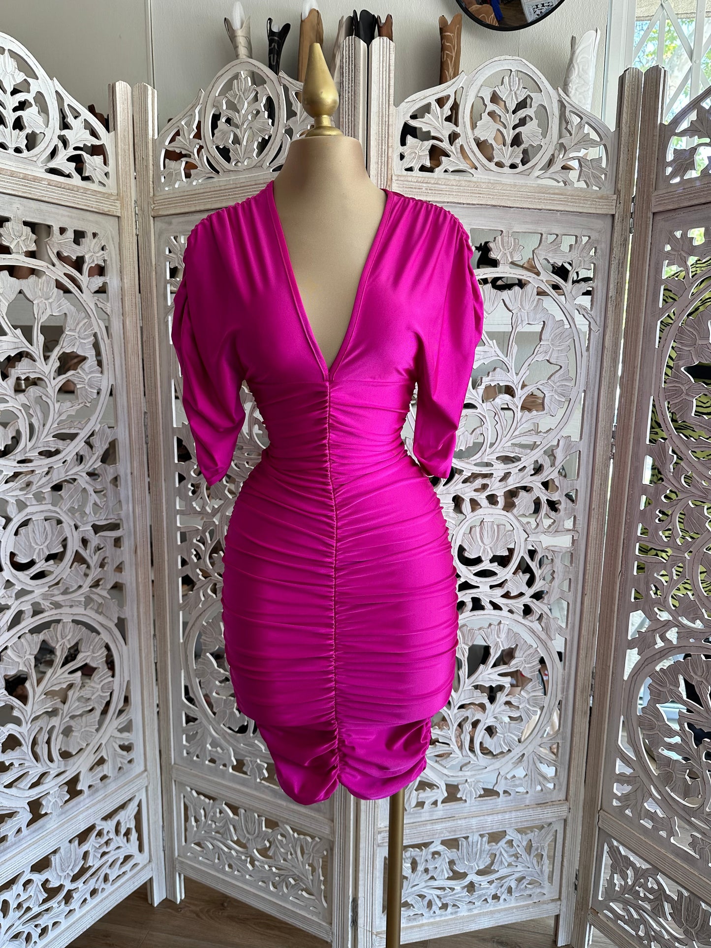 Pink Ruched V neck Dress