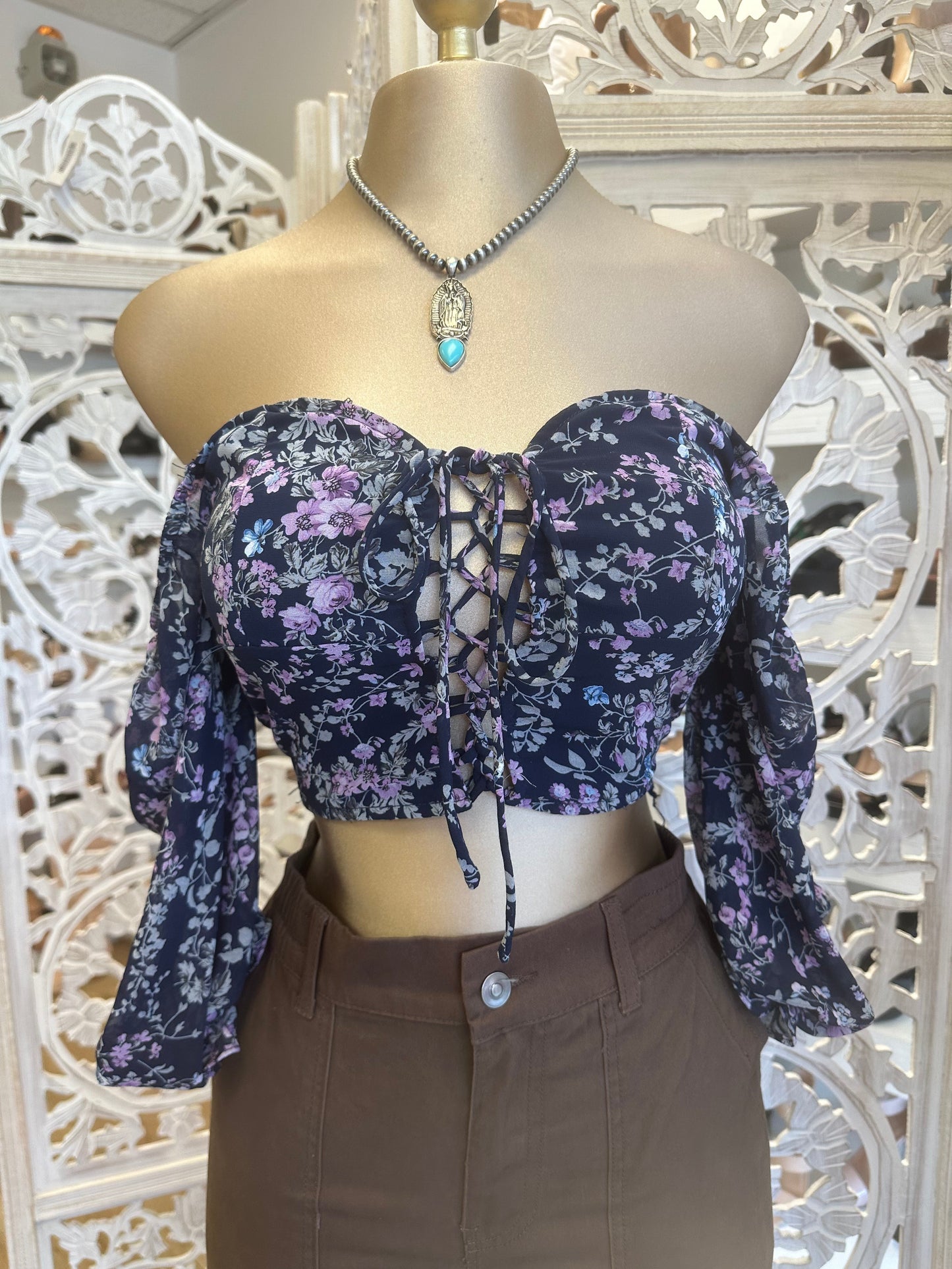 Purple Floral Tie Up Crop