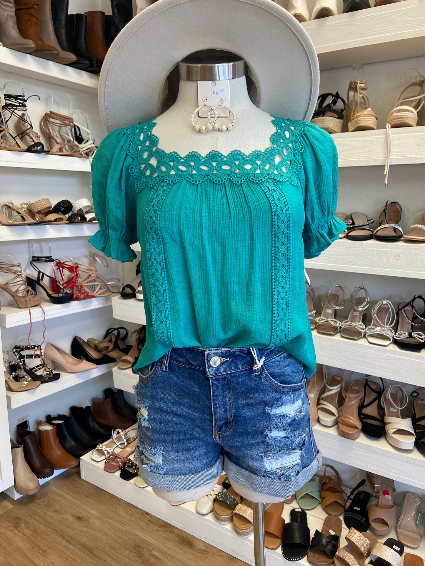 Turquoise Lace Trim Blouse