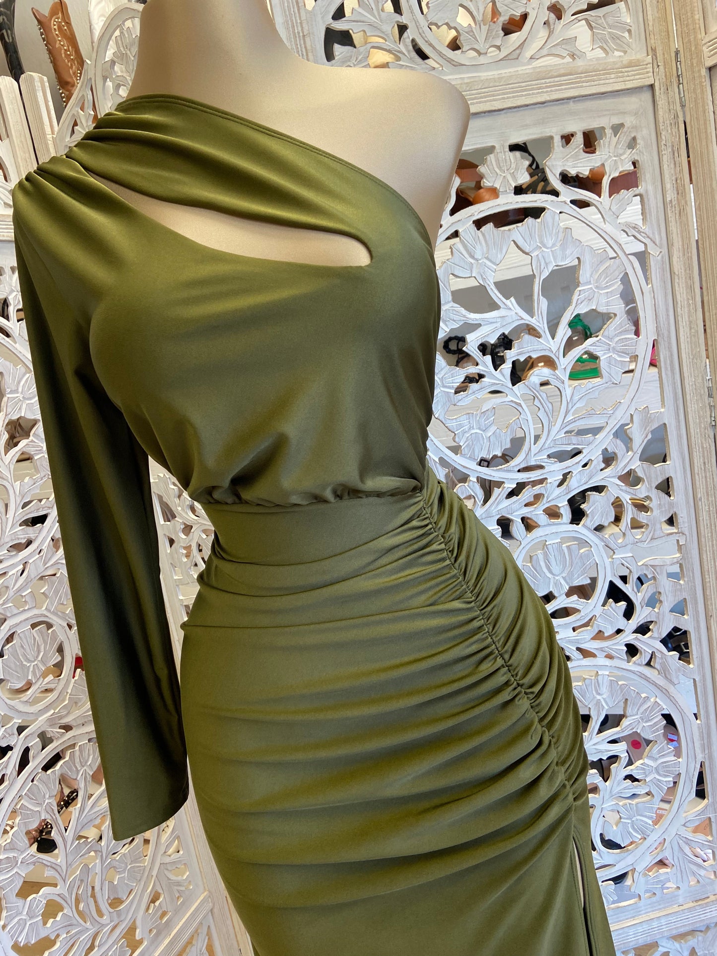 Olive Cutout One Sleeve Dress