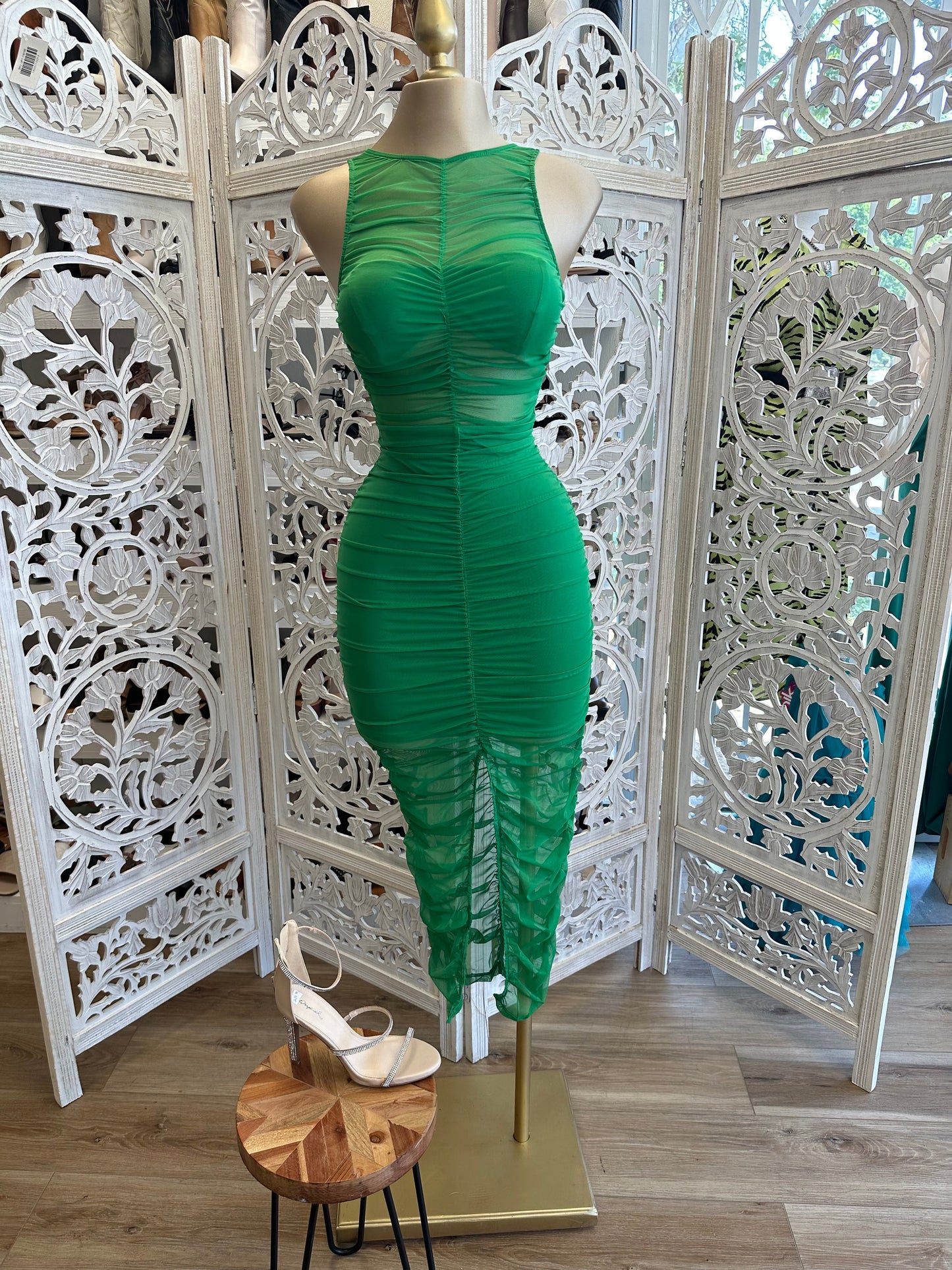 Green Ruched Mesh Dress