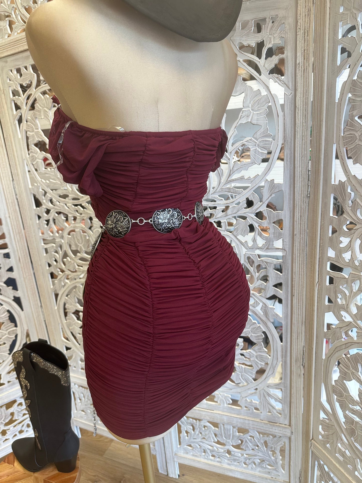 Burgundy Ruched Mini Dress