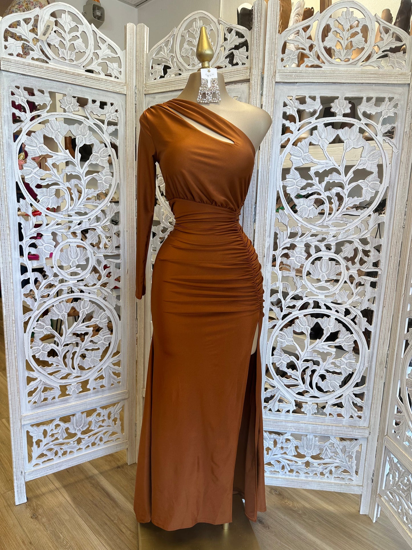 Copper One Sleeve Cutout Dress