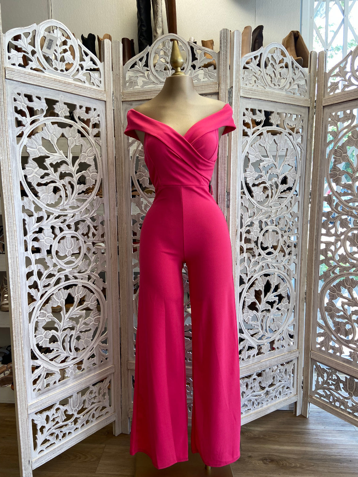 Off Shoulder Hot Pink Jumpsuit